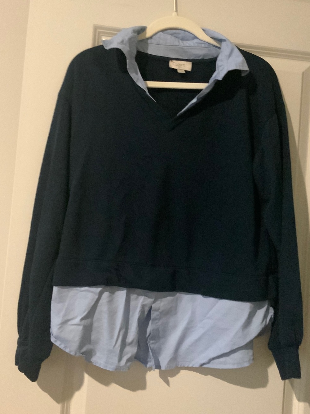 LOFT Navy V-Neck Layered Sweater with Light Blue Shirt Detail
